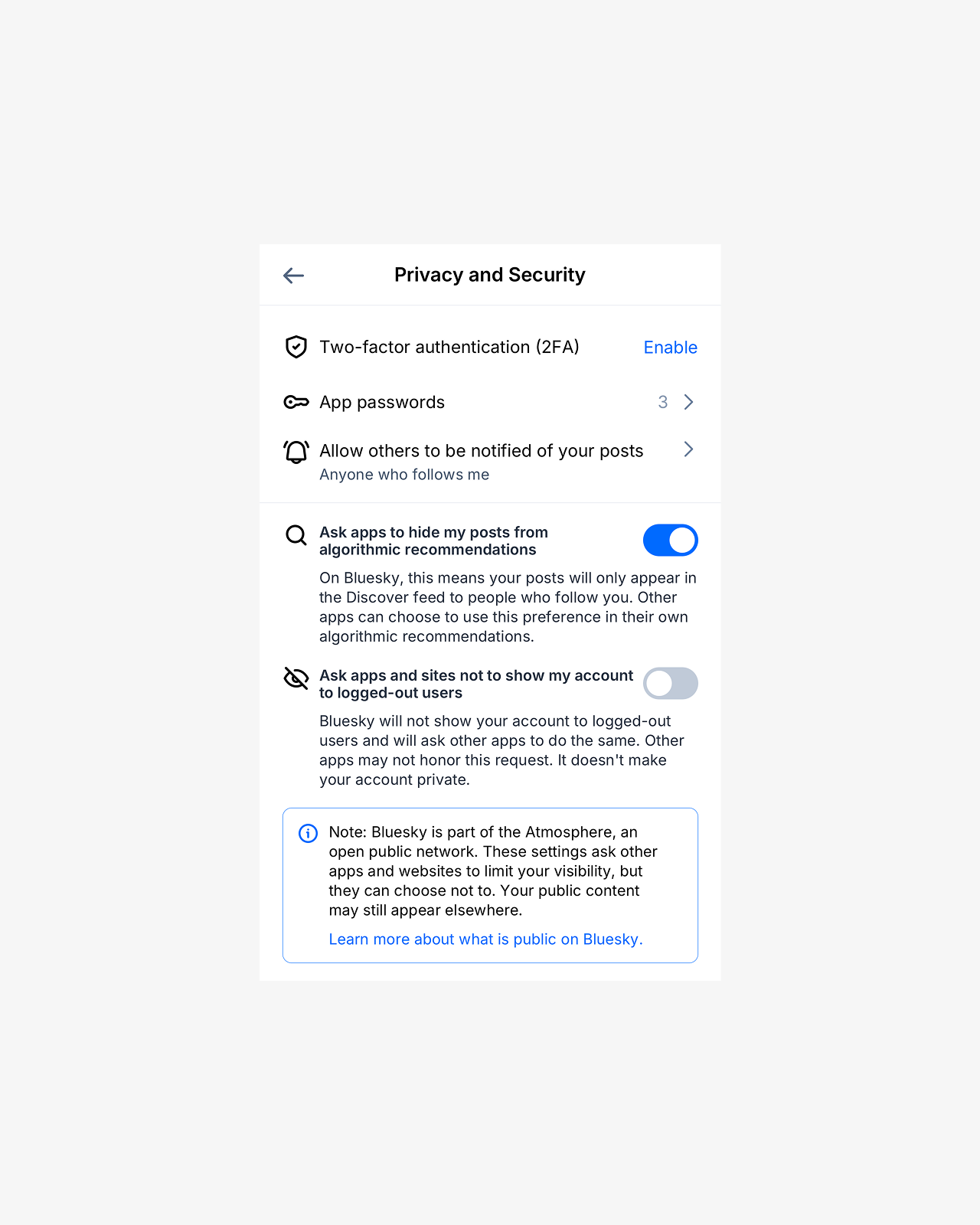 A screenshot of the Bluesky app's content visibility declaration setting