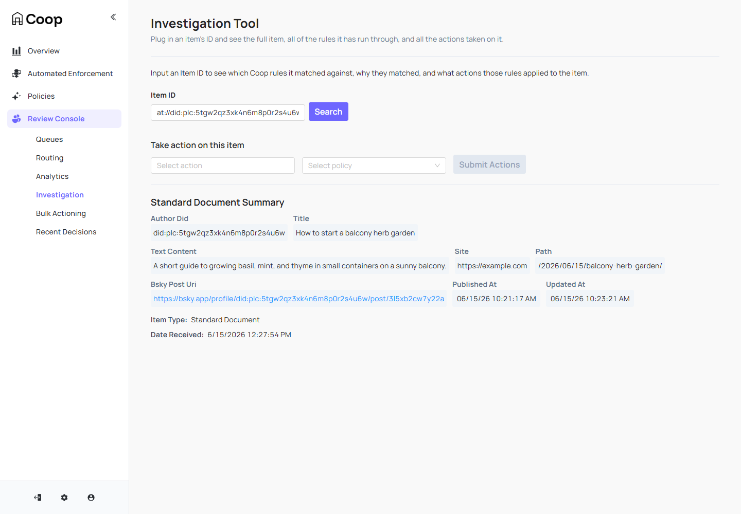 An ingested Standard Document in Coop's investigation view, with every mapped field populated and an action panel