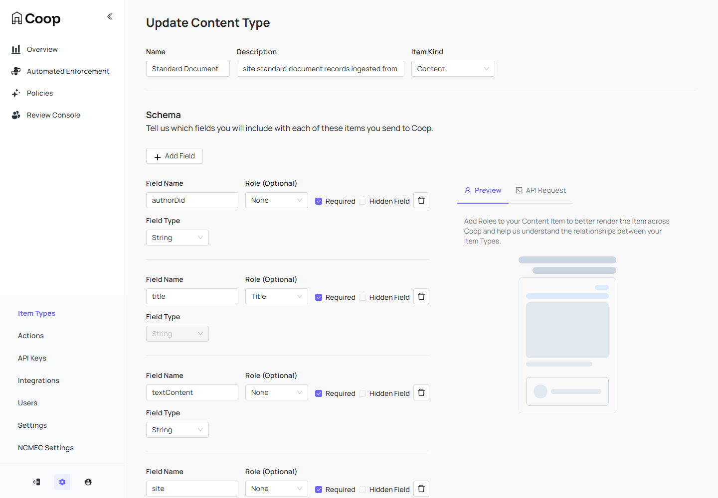 Creating the Standard Document content item type in Coop