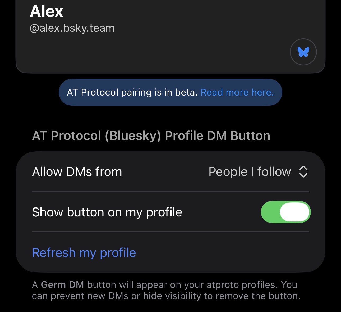 Configuring a Germ DM badge for your Bluesky profile, done in the Germ app