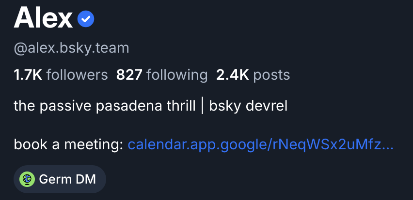 A Germ DM badge on a Bluesky profile