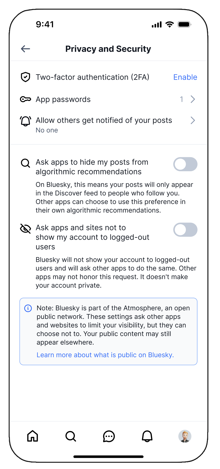 A screenshot of Bluesky app visibility preferences