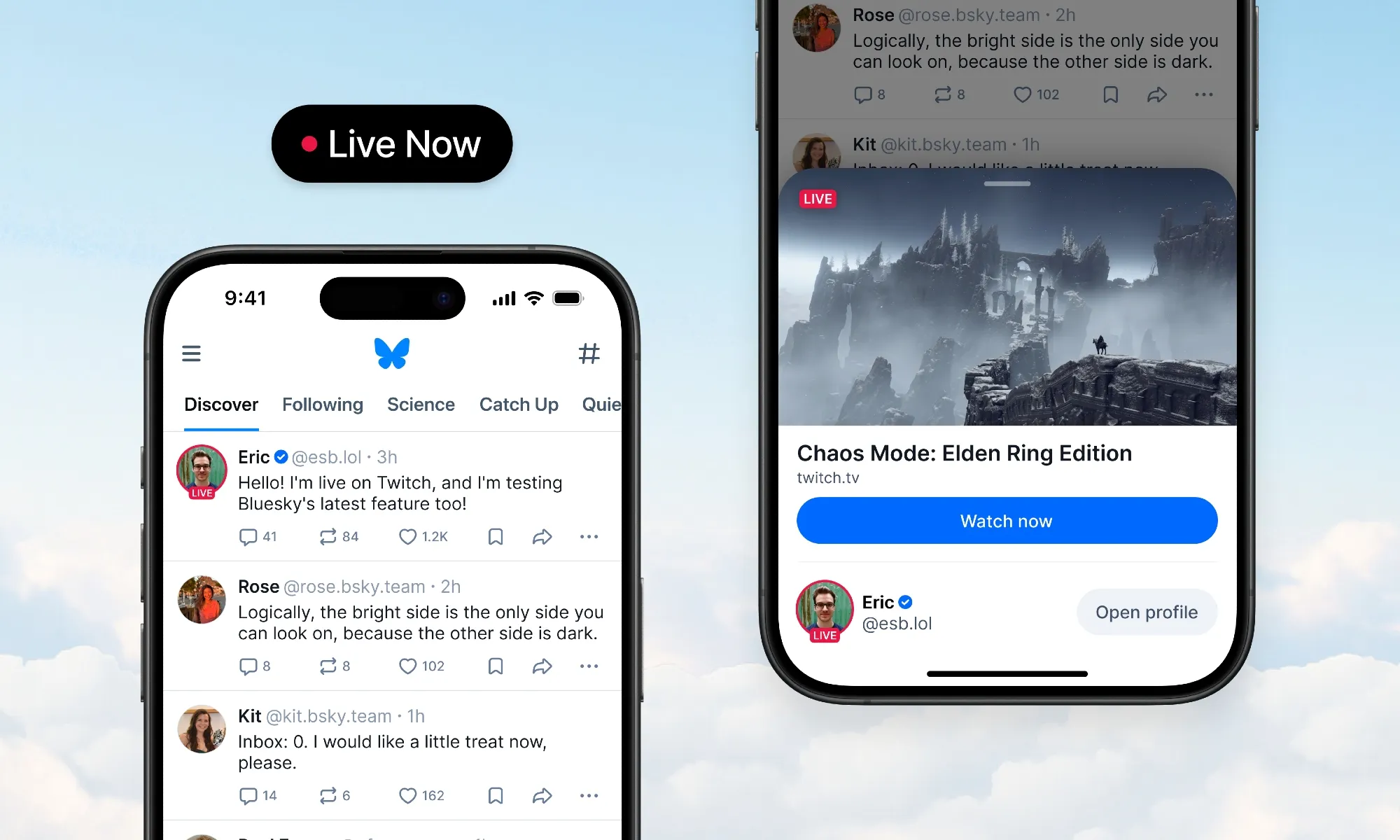 The Live Now popup that appears when you click the avatar of someone who is live streaming